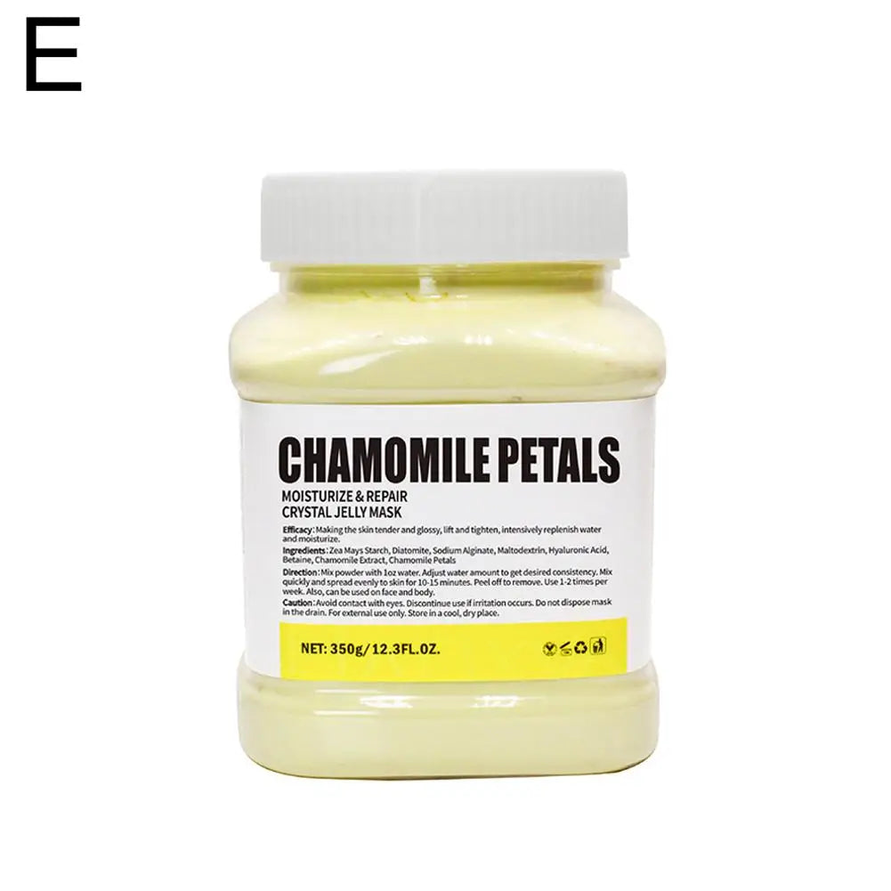 Jar of chamomile petals crystal jelly mask with a white label on a white background