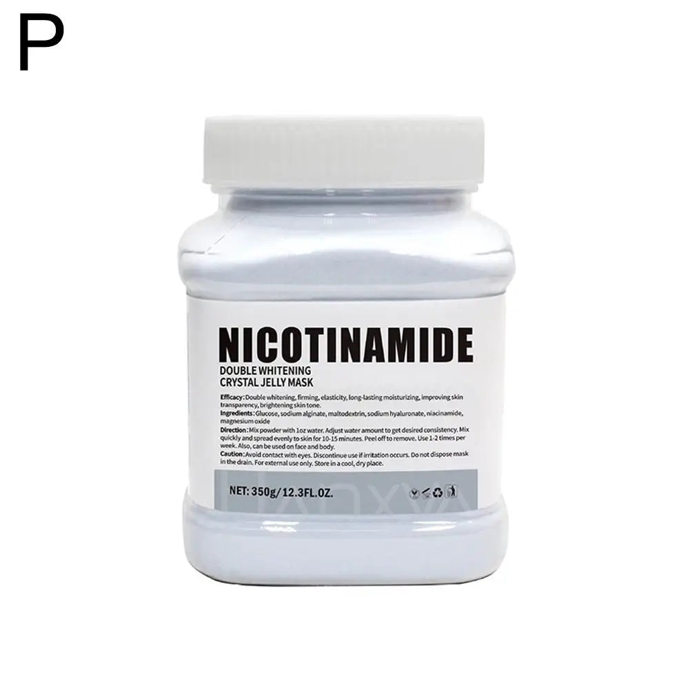 White jar of nicotinamide powder with a label on a white background