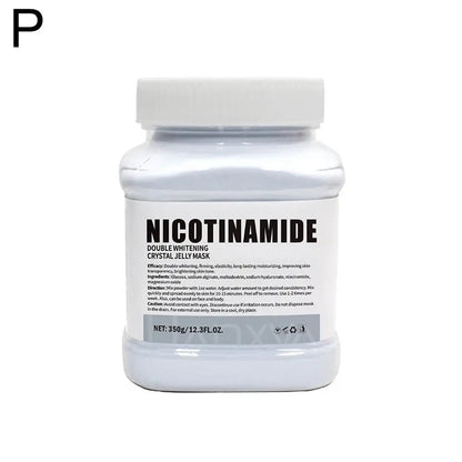 White jar of nicotinamide powder with a label on a white background